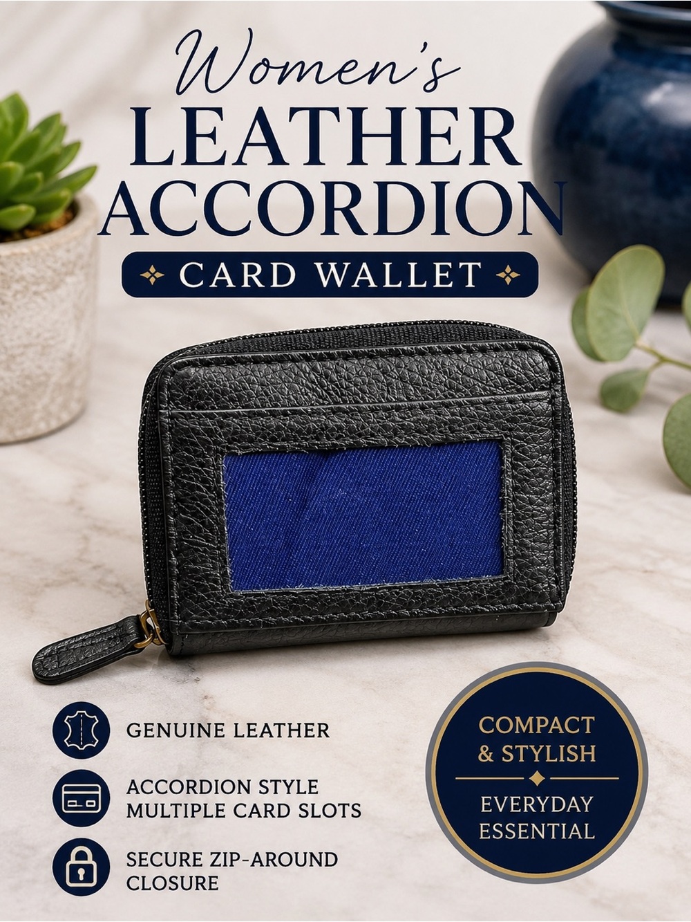 Genuine Leather Accordion Card Wallet | Black Zip Around | 
ID Window